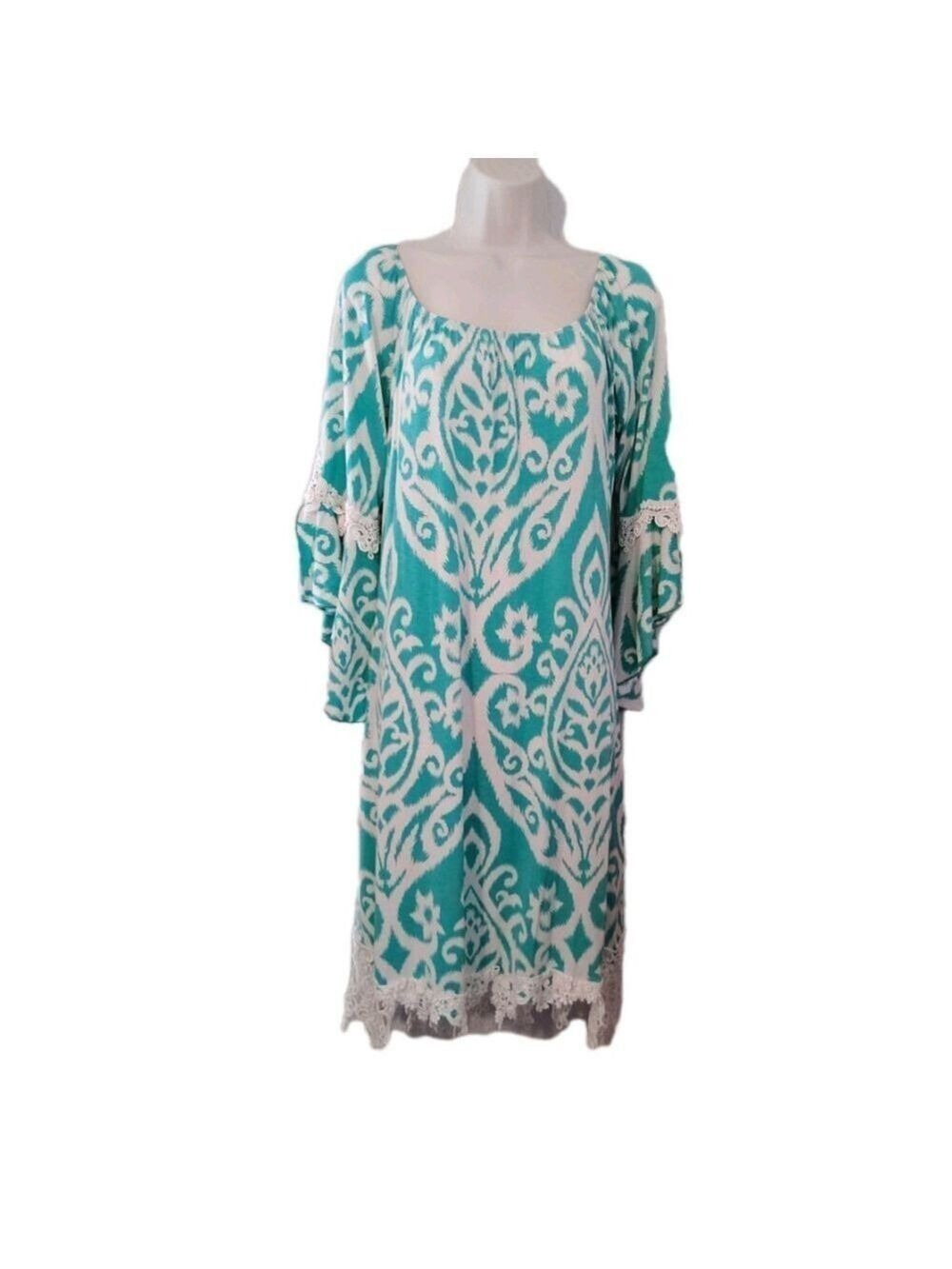 Boho Green Bell Sleeve Crochet country Summer Dress XL boutique